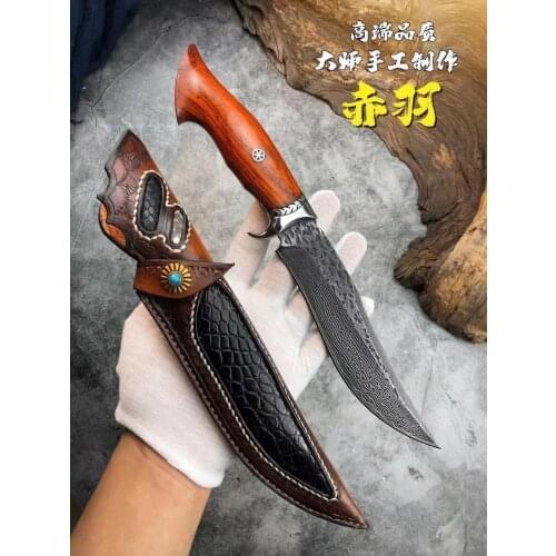 Handmade Hunting Knife Damascus Steel Fixed Blade Knife Leather Sheath Dalbergia Wood Handle Outdoor Survival Camping Tool