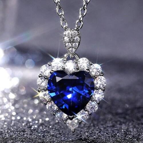 Luxury Romantic Heart Blue Sapphire Necklace for Women Wedding Engagement Party Eternity Accessories Creative Neck Jewelry