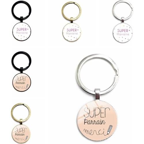 "Super Papa" Series Jewelry Car Pendant Keychain "super Maman" Cabochon Glass Key Ring Jewelry Family Gifts