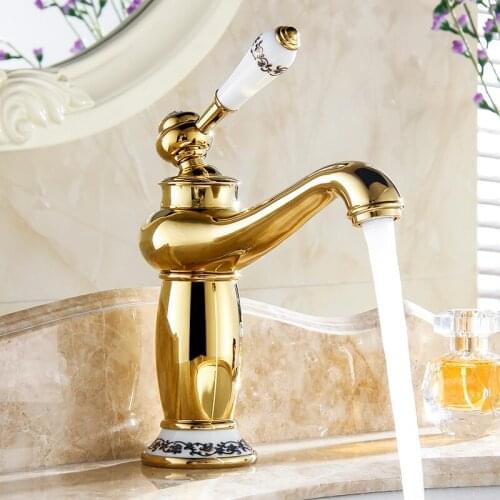 Bathroom Faucet Gold Color Brass finish Ceramic Flower Pattern Basin Sink Faucet Single Handle water taps anf501