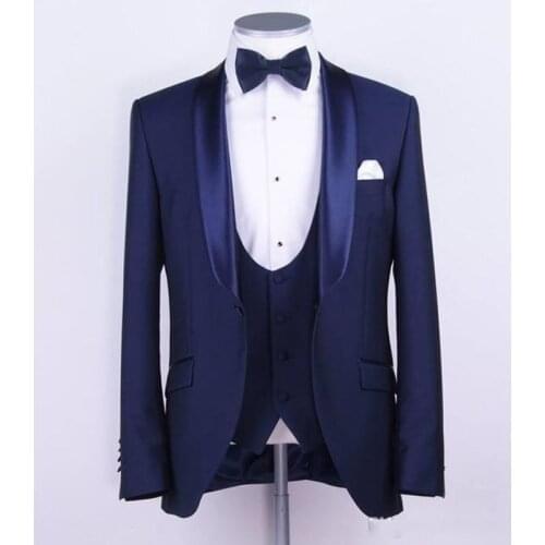 New Fashion Blue Business Party Men Suits for Wedding Tuxedos Shawl Lapel Three Piece Wedding Groom Tuxedos for Groomsmen