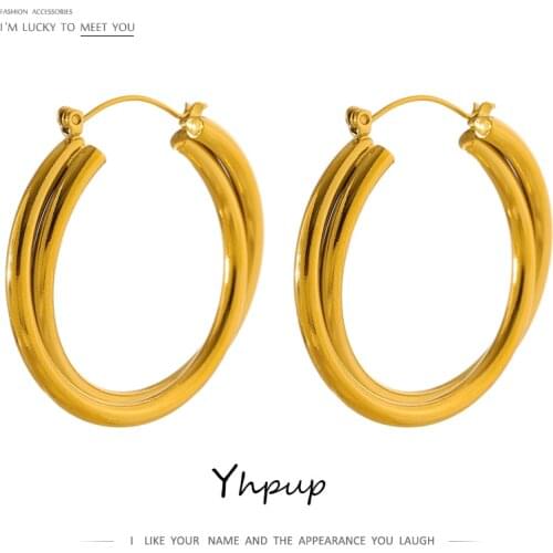 Yhpup Fashion Street Punk Round Metal Hoop Earrings Stainless Steel for Women Trendy Jewelry Unusual Earrings Accessories Gift