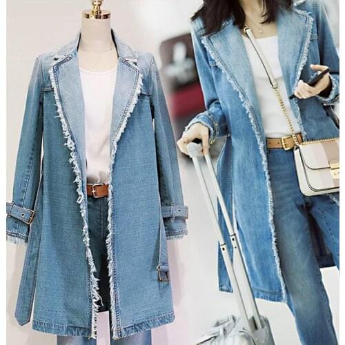 Plus Size Womens Fall Long Sleeve Long Denim Trench Coat Female Fashion Solid Outerwear 2021 Women Spring New Loose Coat Trench