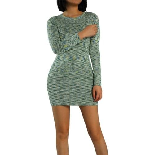 Women Knitted Dress Sexy Tie-Dyed Print O-Neck Long Sleeve Backless Summer Autumn Sexy Halter Party Bodycon Short Dress 2021