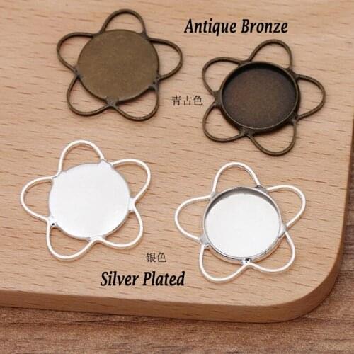 100pcs silver plated antique bronze 25mm plum into14mm tray bezel blank pendant base cabochon settings