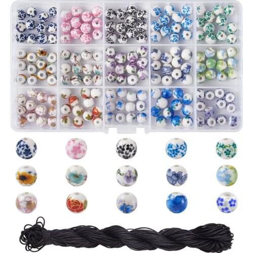 180pcs/box Handmade Printed Porcelain Round Beads 8mm With Thread Nylon String for Beading DIY Jewelry Making Accessories Kits