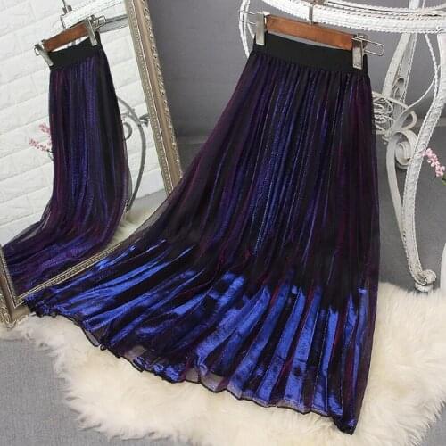 2021 Two Layer Spring Summer Women Mesh Pleated Skirt High Waist Vintage Gradient Party Skirts Ladies Elegant Long Skirt