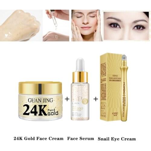 24K Gold Face Cream + LAIKOU Snail Serum Essence + ROREC Eye Massage Serum Anti-Wrinkle Niacinamide Moisturizer Korean Cosmetics