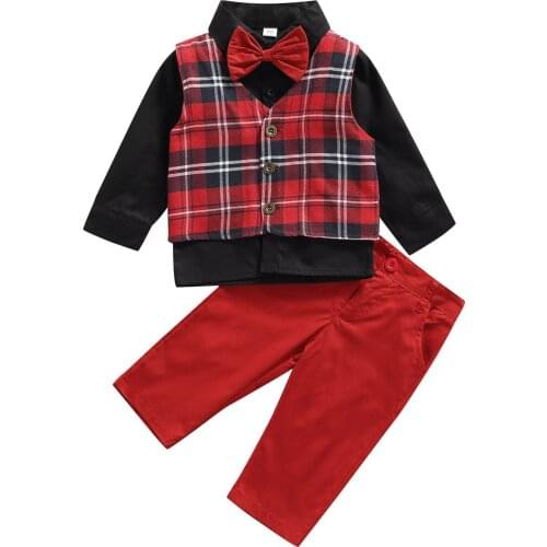 Autumn Fashion Toddler Baby Boys Clothes Sets Plaid Printed Vest Long Sleeve Shirt Tops Pants Bow Tie 4pcs Clothes