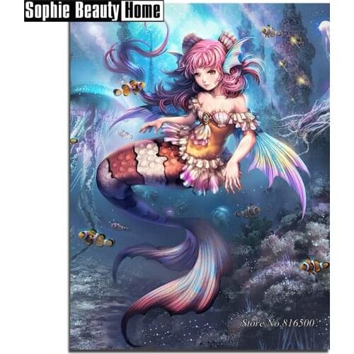 DIY Diamond Painting Cross Stitch Diamond Mosaic Needlework Crafts Fish Mermaid Beauty Full Diamond Embroidery Home Decor 187265