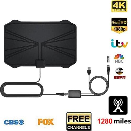 2022 1280 Miles 28db High Gain Indoor 4K Digital HDTV Aerial Black Ultra-thin HD TV Antenna With Amplifier