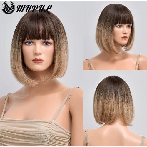 Blonde Short Straight Ombre Daily Hair Synthetic Wigs For White Women With Bangs Nutural Heat Resistant Female Cosplay Fiber Wig