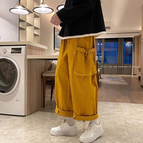 Mens Overalls Fashion Loose Wide Legs Casual Joker High Street Summer Big Pocket Cargo Pants Solid Color Joggers Hot Sale
