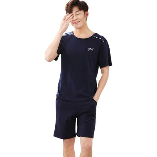 New Pajama Sets Men Summer Short Sleeve Tops Shorts Summer Cotton Pajamas Home Suit Mens Sleepwear Loose Nightwear 2pcs/set