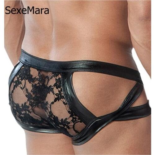 Leather Bikinis Underwear Male Thong Sexy Jockstrap Hollow Design Mens Briefs Men Sex Underpants Gay Underwear