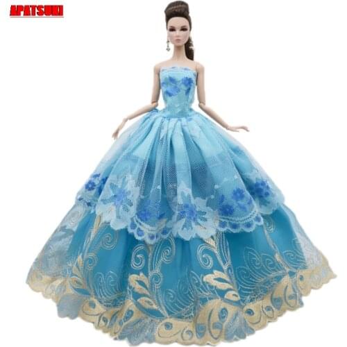Blue Flower Lace Wedding Dress For Barbie Doll Outfits Clothes Multi-layer Party Gown For 1/6 BJD Dolls Accessories Toys