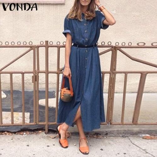 Summer Dress Casual Short Sleeve Party Dresses VONDA 2021 Lapel Button Down Denim Shirt Dress Bohemian Vestidos Not with Belt