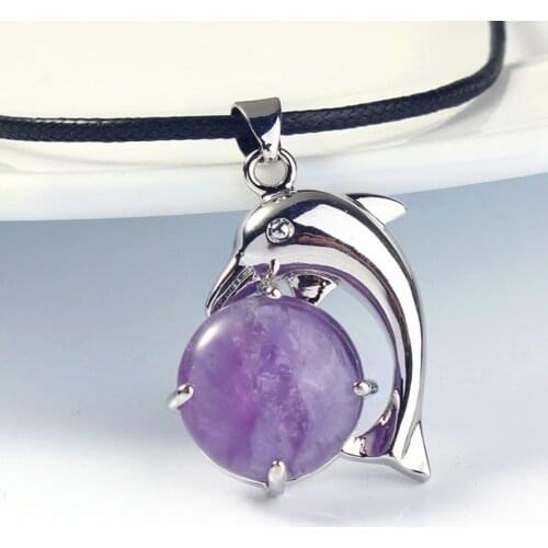 Trendy-beads Popular Natural Amethysts Stone Silver Plated Cute Dolphin Pendant Animal Jewelry
