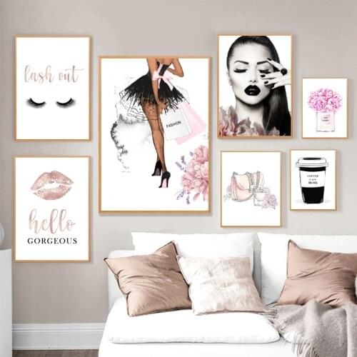 Fashion Poster Pink Perfume Bottle Lips Makeup Canvas Print Painting Modern Vogue Wall Art Pictures For Living Room Home Decor