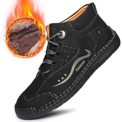 New Brand Men Autumn Winter Outdoor Hiking Shoes Split Leather Trekking Mountain Sneakers Male Warm Plush Sports Oxford Footwear