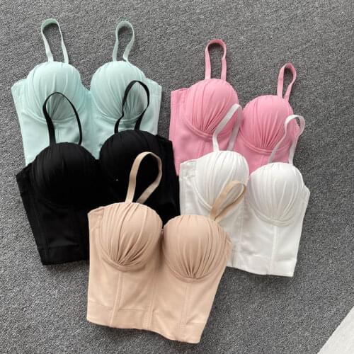 Spring Summer New Product Female Solid Color Knit Pleated Bras Camisole Girls Elegance Stretch Cropped Tank Tops Y1148