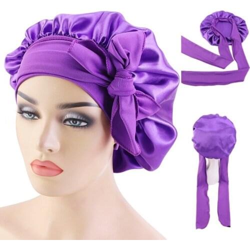Solid Satin Bonnet with Wide Stretch Ties Long Ribbon Women Night Sleep Hat Adjust Hair Styling Cap Silk Head Wrap Shower Cap
