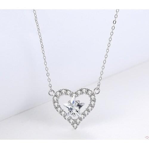 Authentic 925 Sterling Silver Lovely Love Heart Star Crystal Pendant Cross Chain Necklaces For Women Wedding Party Jewelry Gift