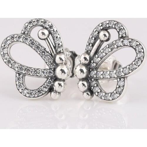 Authentic S925 Butterfly Outlines With Crystal Stud Earrings For Women Wedding Gift fit Lady Fine Jewelry