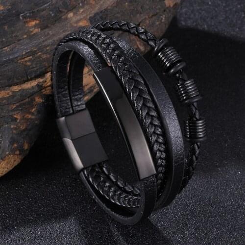 Multicolor Accessories Black Leather Bracelet Men Fashion Jewelry Rock Friend Bangles Gifts