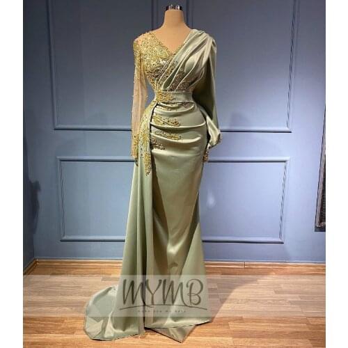 MYMB 2021 Luxury Dubai Green Mermaid Evening Formal Dress V Neck Backless Side Slit Prom Dresses Long Sleeve Wedding Party Gowns