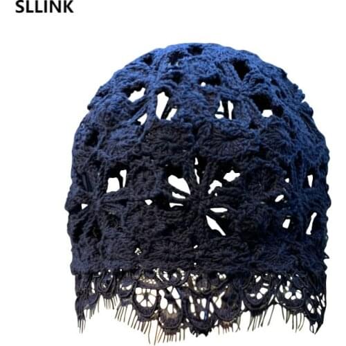 Hat Womens Hand-Woven Lace Lace Cutout Breathable Four-Season Hat All-Matching Elegant Cotton Thread Toque Knitted Hat