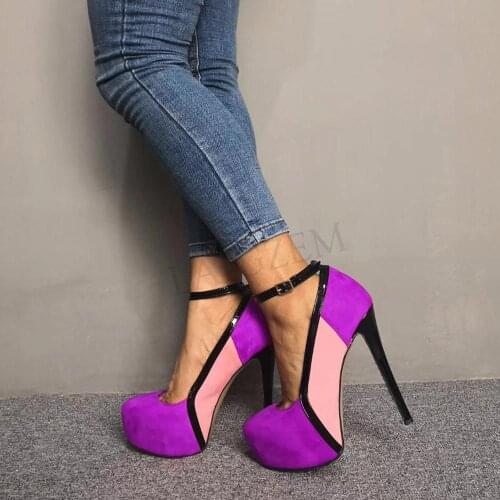 LAIGZEM FASHION Women Platform Heels Colors Blocking Pumps Evening Party Summer Autum Shoes Tacones Mujer Large Size 34-52