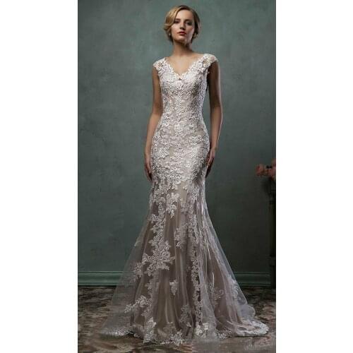 Vintage Amelia Sposa Full Lace Appliques Mermaid Dresses 2021 V-Neck Chapel Train Wedding Bridal Party Gowns