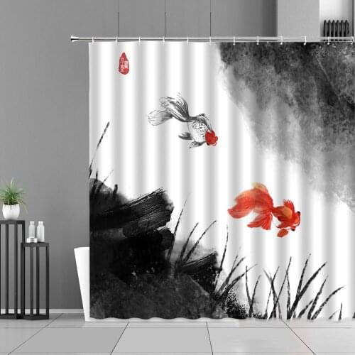 Chinese Style Ink Painting Scenery Shower Curtains Flower Bird Fish Landscape Home Decor Bath Screen Waterproof Bathroom Curtain