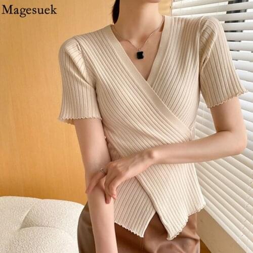 Summer V-neck Korean Blouse Women Cotton Knit 2021 Short Sleeve Woman Shirt Pullover Slim Solid Sexy Women Clothing Tops 15036
