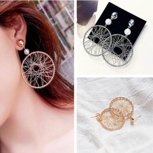 Wedding party gift fashion imitation pearl weave geometric round earrings exaggerated temperament female Jewelry Accessories