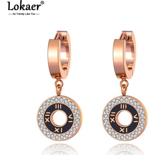 Lokaer Trendy Titanium Stainless Steel Shell & Acrylic Roman Numeral Wedding Earrings For Women CZ Crystl Hoop Earrings E20099