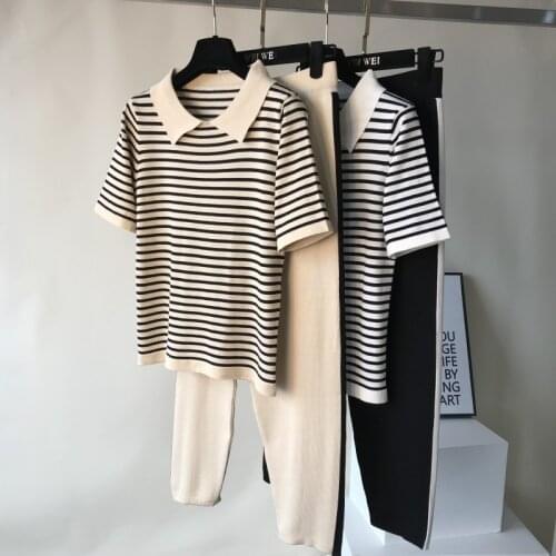 Summer 2020 Fashion Tracksuits Woment Striped Knit Pants Suit Casual Knitted Short-sleeved T-shirt + Long Pants 2 Piece Sets