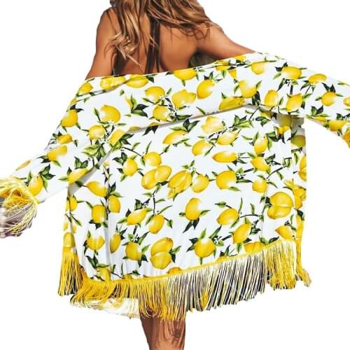 Women Bikinis Cover Up Beach Bathing Yellow Lemon Printing Half Sleeve Robe Cardigan Loose Summer Tunic Long Pareos with Tassels