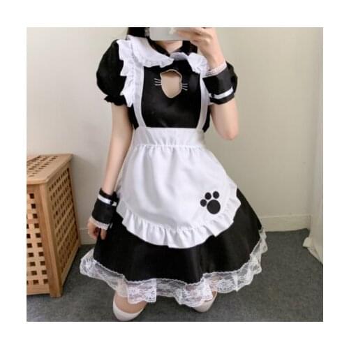 Women Sweet Sexy Kitty Hollow Gothic Lolita Dresses Maid Cosplay Animation Show Cute Work Crossdress Outfit Dress Plus Size