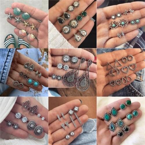 12 Styles Boho Ethnic Stud Earring Sets Geometric Shell Flower Color Rhinestone Vintage Stud Earring For Women Design Ear Jewely
