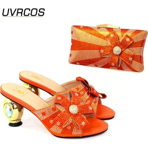 2021 Orange Color Italian with Matching Bags Decorated with Rhinestone African Shoes and Bag Set for Party In Women Italy Shoes
