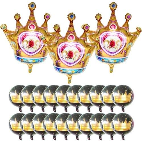 3Pcs Diamond Crown Balloons and 20Pcs 18" Black Mylar Helium Balloons Floating Set For Boy Baby Shower Crown Princess Birthday