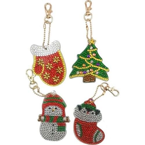 4PCS Diamond Painting Christmas Keychains Kit For Adults Kids Christmas Pendant DIY Diamond Art Key Chains Crafts