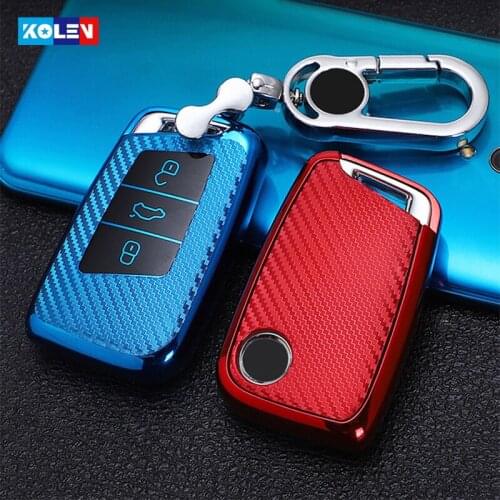 Soft TPU Carbon Fiber Car Remote Key Case Full Cover Shell Keychain For Volkswagen VW Passat B8 Golf For Skoda Superb A7 Kodiqa