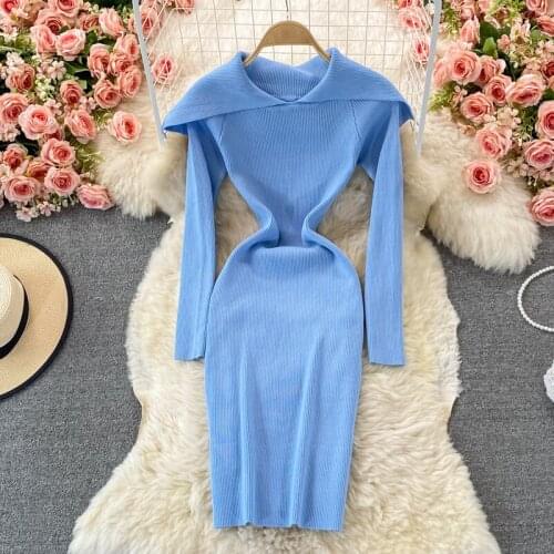 Croysier Bodycon Dress Women Clothing Elegant Cape Collar Ribbed Knitted Dress Autumn Winter Warm Mini Casual Long Sleeve Dress