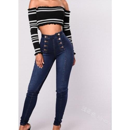 Fashion Women Ripped Denim Button Pocket 2021 New Design Skinny Plus Size Cotton Casual High Waist Skinny Pocket Jeans