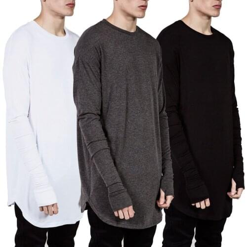 Spring Summer New Simple Long Sleeve Tops Men Solid Color Fashion Cuff Lengthened Ripped Hole Cotton Tee Shirt High Quality