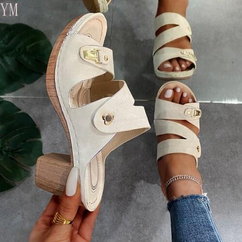 HOT Large Size 36-43 New Fashion Women Sandals Square Heels Peep Toe Narrow Band Summer Casual Buckle Strap Sadalias Femininas