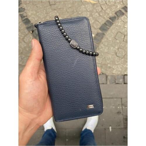 Karali Leather Phone Compartment Dark Blue Zipper Genuine Leather Wallet-zircon Bracelet Gift